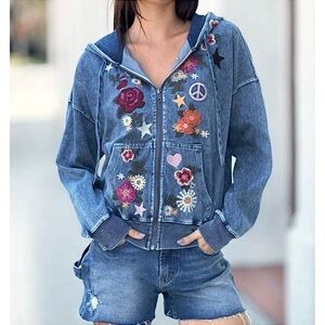 Billy T Camp Happy Hoodie Embroidered Peace Sign Floral Flowers Denim XL